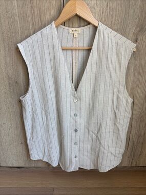 DONNI. Cream Pinstripe Sleeveless Button V-Neck Top